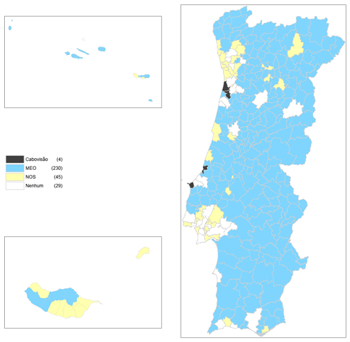 Representação gráfica dos concelhos onde há operadores com quotas de mercado (no mercado retalhista de televisão por subscrição) superiores a 50 por cento, 2014